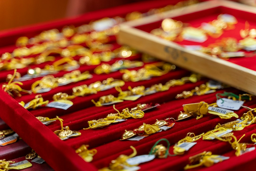 A collection of gold jewelry on display
